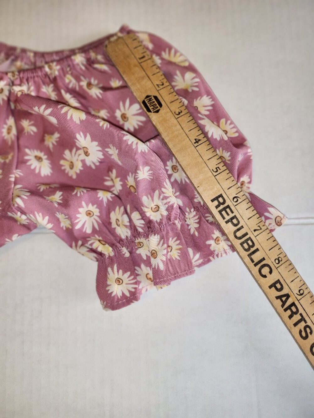 LYANER Pink Daisy Floral Y2K Milkmaid Crop Top Size L Puff Sleeve Ruched Bust - Picture 11 of 11